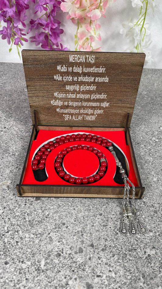 Mercan Taşı Tesbih & Bileklik Seti - Şık Ahşap Kutulu