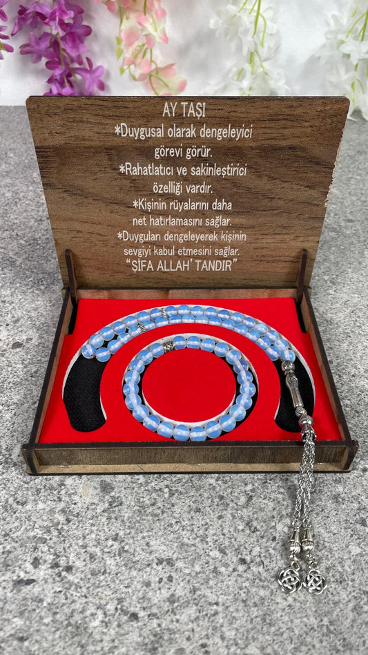 Ay Taşı Tesbih & Bileklik Seti - Şık Ahşap Kutulu