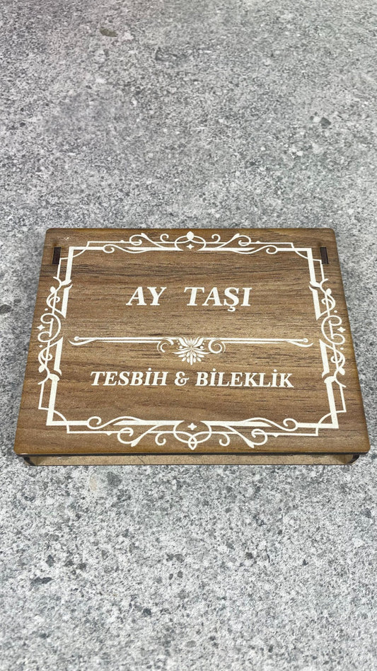 Ay Taşı Tesbih & Bileklik Seti - Şık Ahşap Kutulu