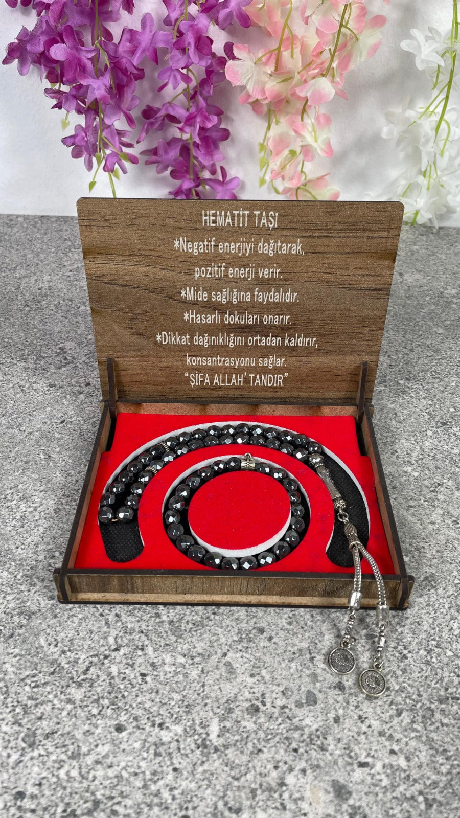 Hematit Taşı Tesbih & Bileklik Seti - Şık Ahşap Kutulu