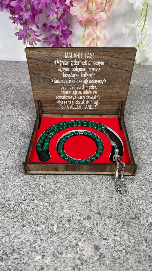Malahit Taşı Tesbih & Bileklik Seti - Şık Ahşap Kutulu