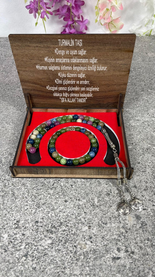 Turmalin Taşı Tesbih & Bileklik Seti - Şık Ahşap Kutulu