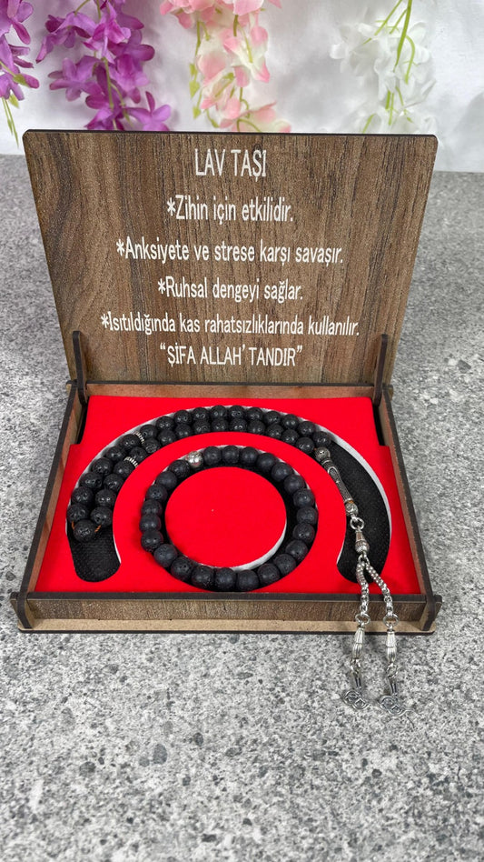 Lav Taşı Taşı Tesbih & Bileklik Seti - Şık Ahşap Kutulu