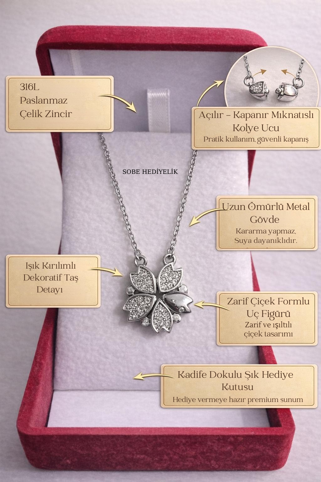 Mıknatıslı Açılır Kapanır Çiçek Kolye – Kadife Hediye Kutulu