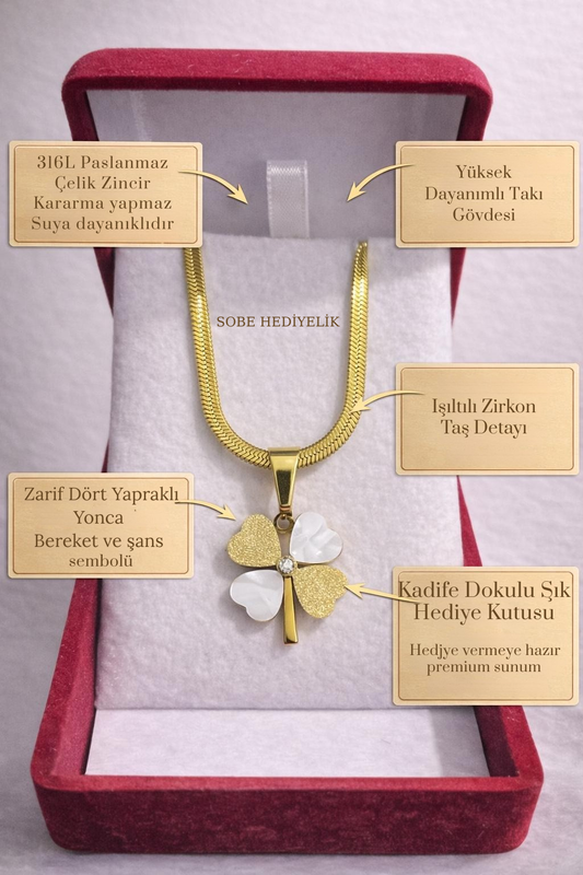 Dört Yapraklı Yonca Kolye – Kadife Hediye Kutulu