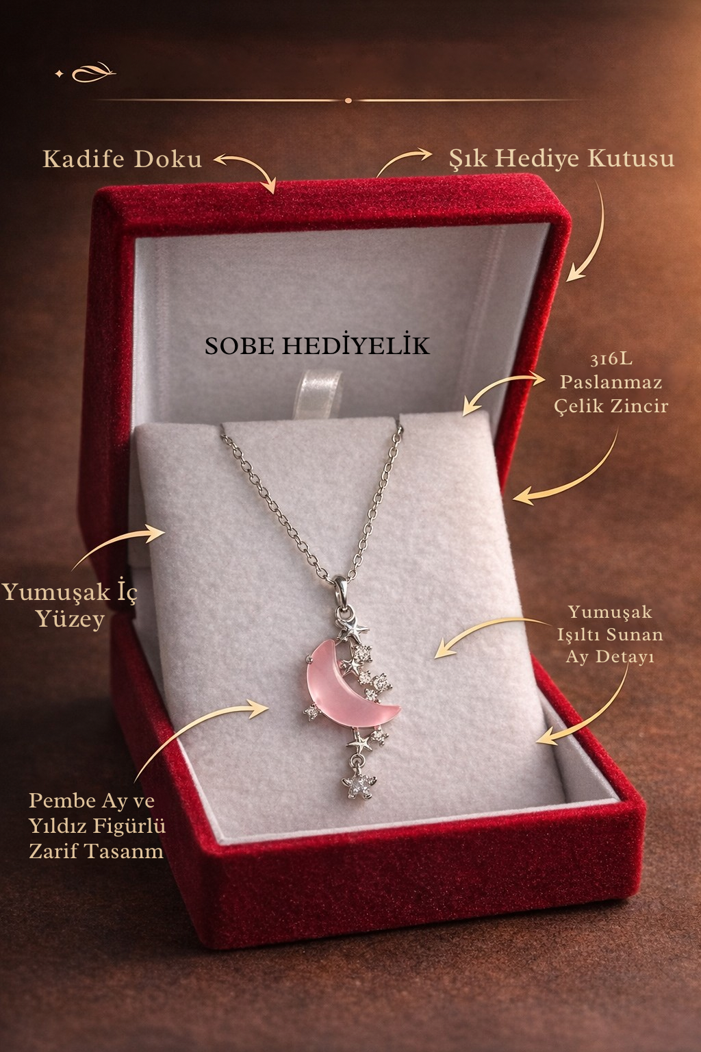 Pembe Ay ve Yıldız Figürlü Kolye