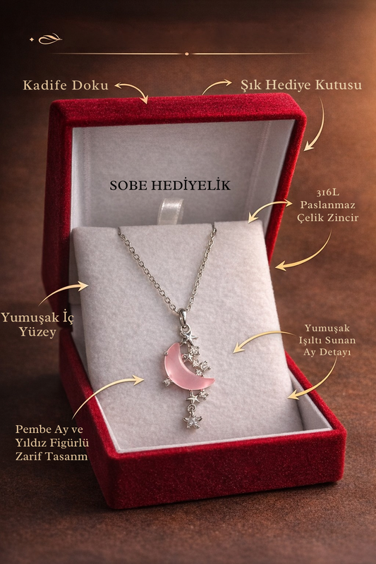 Pembe Ay ve Yıldız Figürlü Kolye