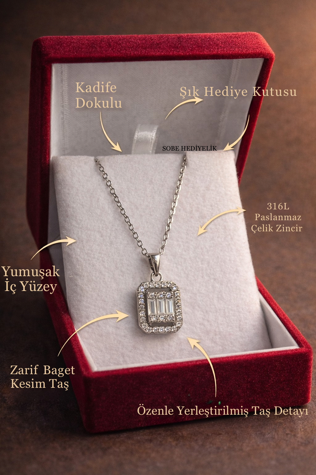 Baget Kesim Taş Detaylı Paslanmaz Çelik Kolye