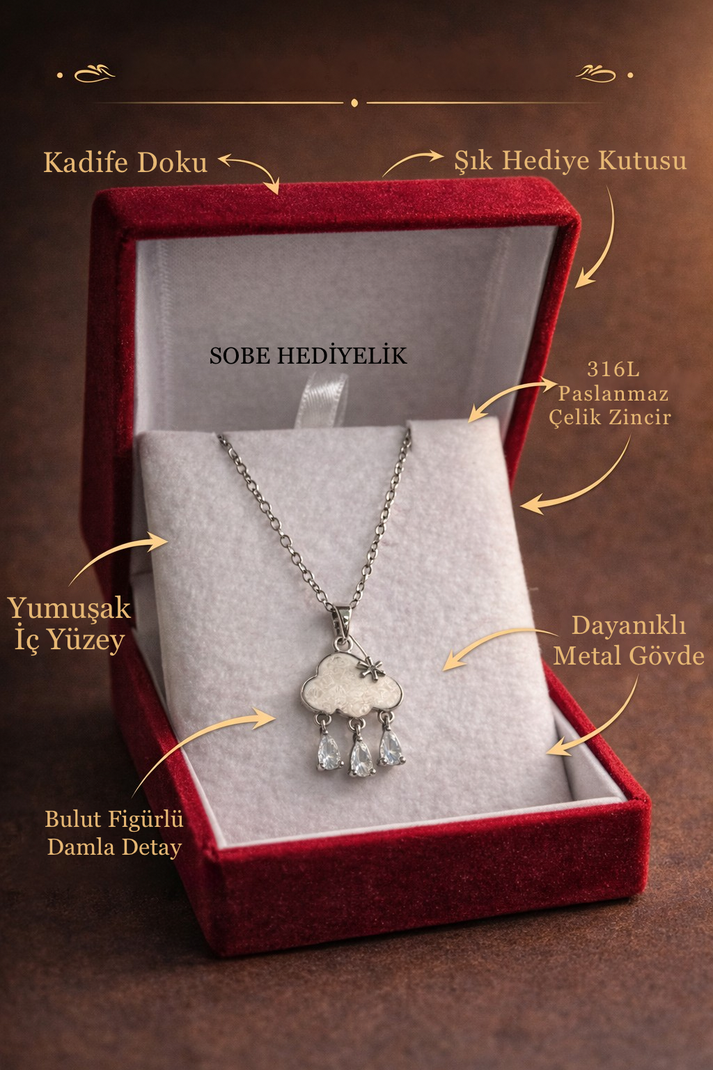Bulut Figürlü Damla Taşlı Kolye
