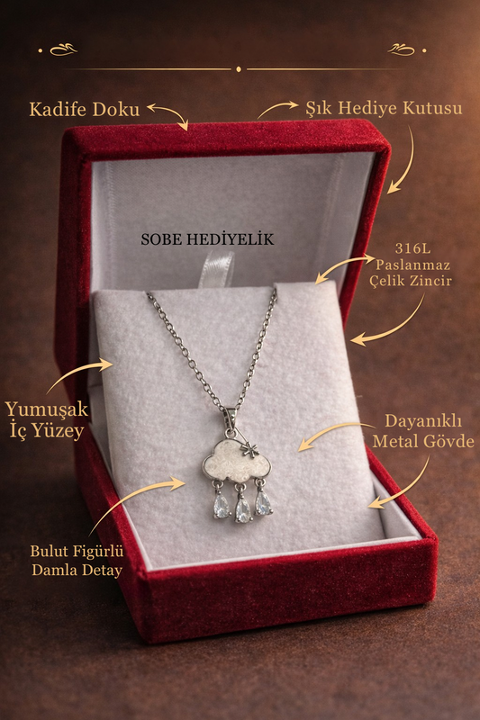 Bulut Figürlü Damla Taşlı Kolye