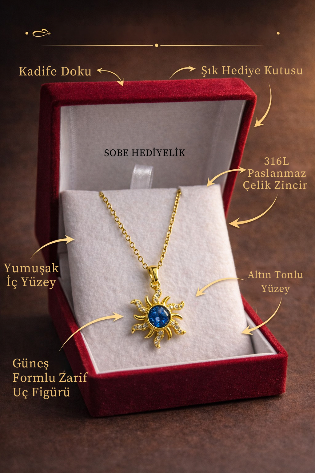 Güneş Figürlü Mavi Taşlı Kolye