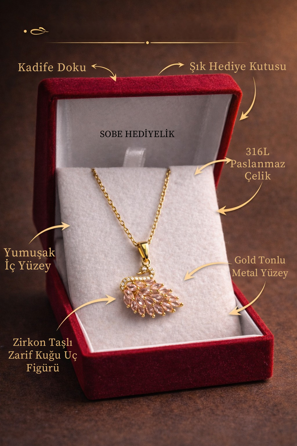 Zirkon Taşlı Kuğu Figürlü Paslanmaz Çelik Kolye