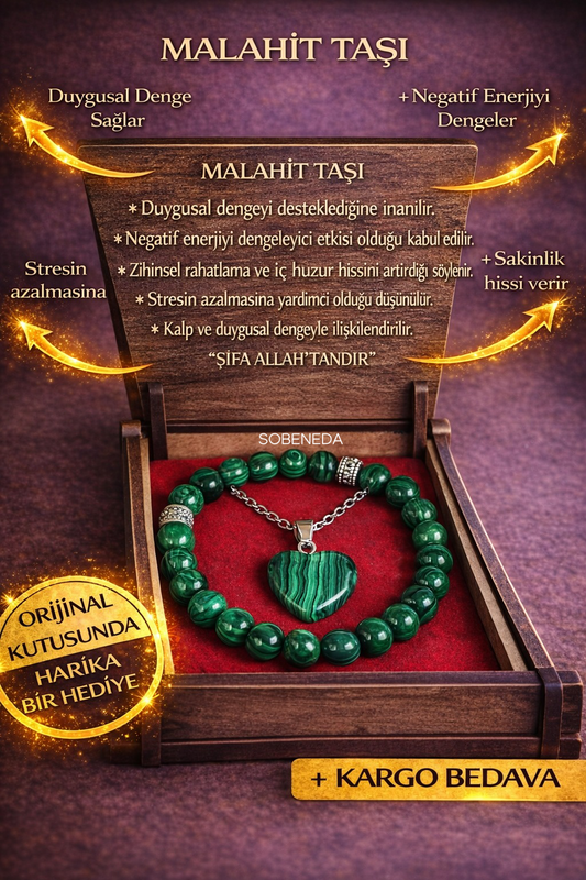 Malahit Taşı Kolye & Bileklik Seti – Özel Ahşap Kutulu