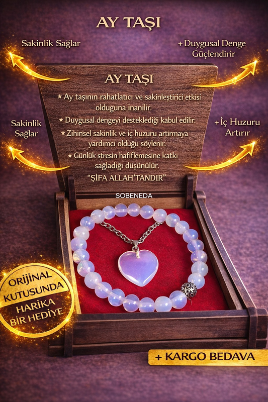 Ay Taşı Doğal Taş Kolye & Bileklik Seti - Özel Ahşap Kutulu