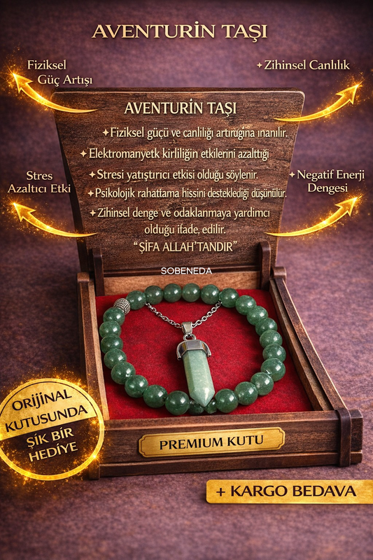 Aventurin Doğal Taş Kolye & Bileklik Seti – Özel Ahşap Kutulu