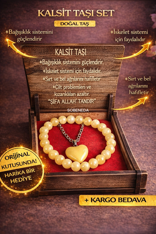 Kalsit Taşı Kolye & Bileklik Seti – Özel Ahşap Kutulu