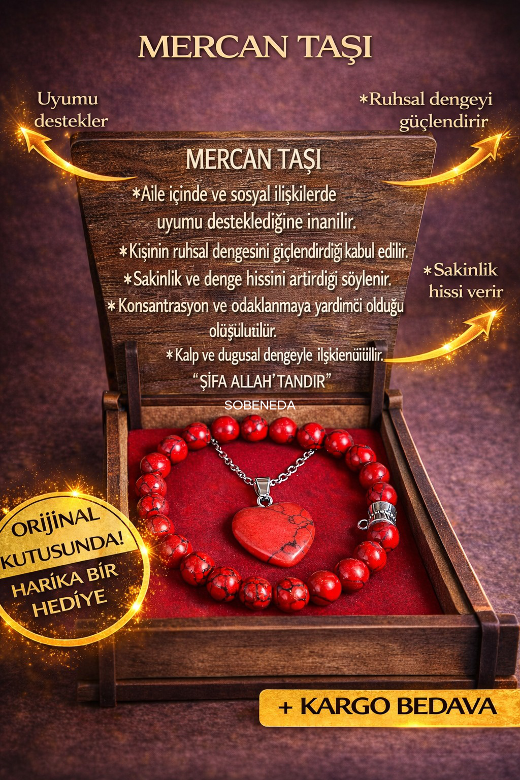 Mercan Taşı Bileklik & Kolye Seti - Şık Ahşap Kutulu