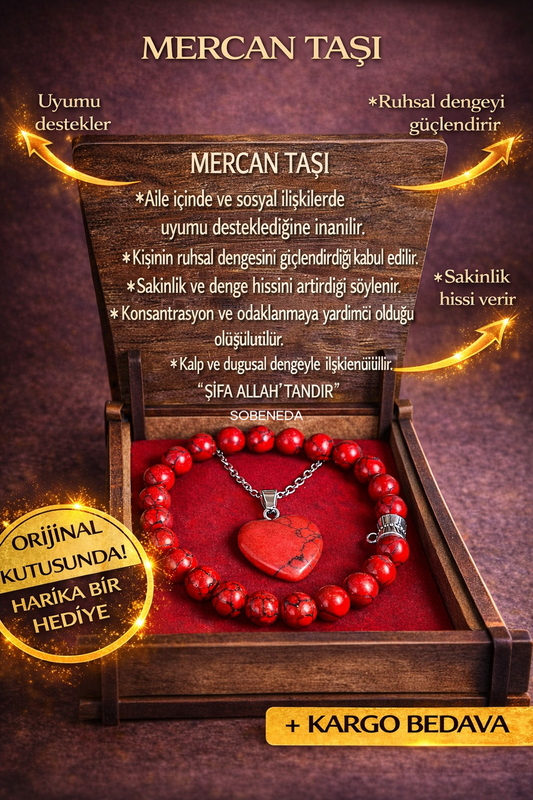 Mercan Taşı Bileklik & Kolye Seti - Şık Ahşap Kutulu