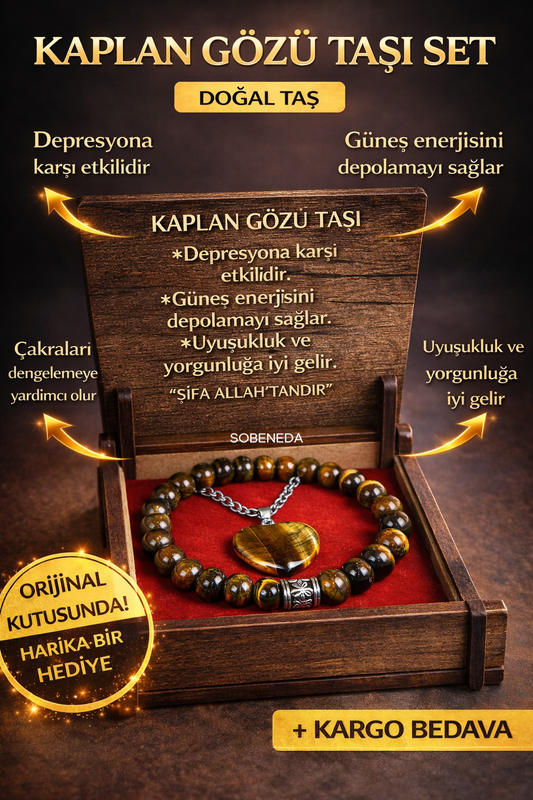 Kaplan Gözü Doğal Taş Kolye & Bileklik Seti – Özel Ahşap Kutulu