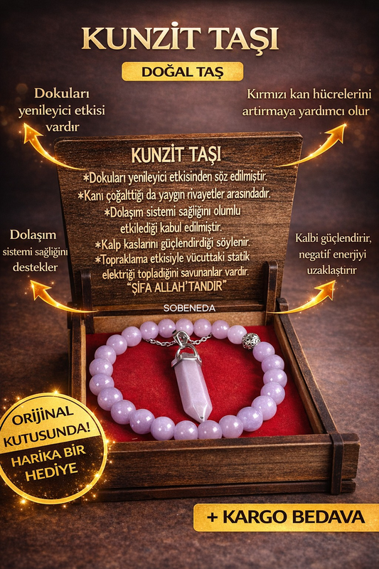Kunzit Doğal Taş Kolye & Bileklik Seti – Özel Ahşap Kutulu