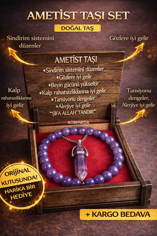 Ametist Doğal Taş Kolye & Bileklik Seti – Özel Ahşap Kutulu