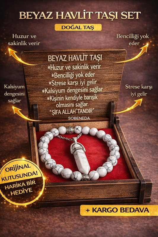 Beyaz Havlit Doğal Taş Kolye & Bileklik Seti – Özel Ahşap Kutulu