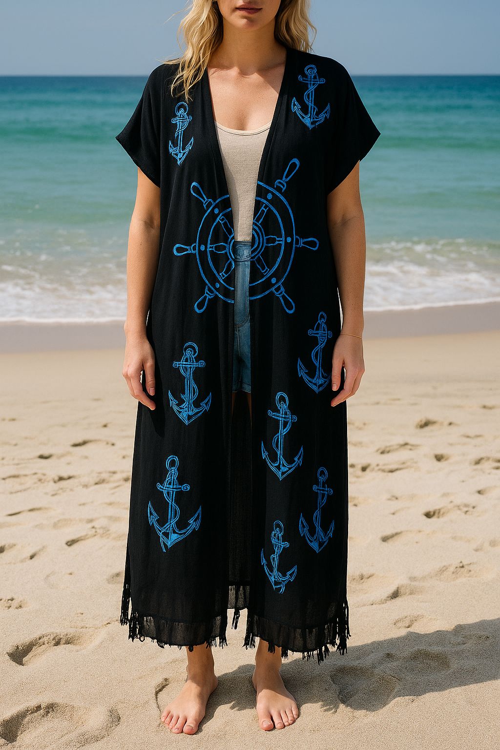 Siyah Mavi Çapa Desenli Kaftan Kimono