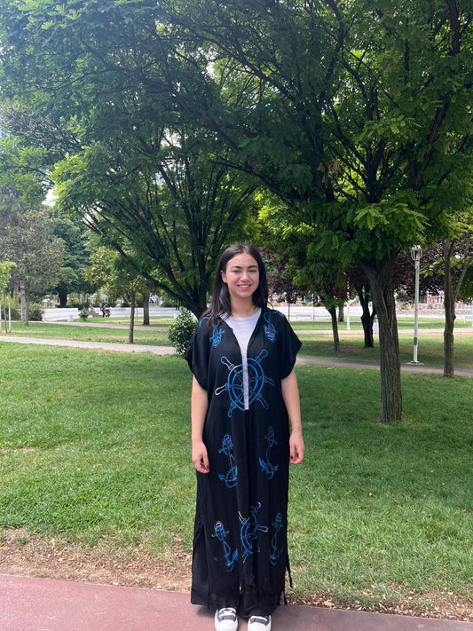 Siyah Mavi Çapa Desenli Kaftan Kimono