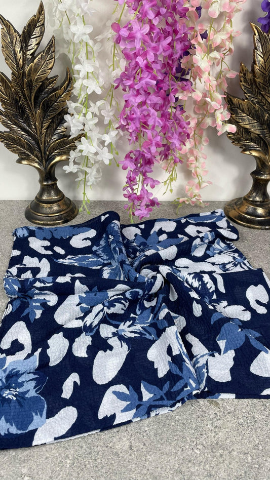 Lacivert Çiçek Desenli Pamuklu Yazma – 100x100 cm Eşarp | Nefes Alan Yumuşak Kumaş