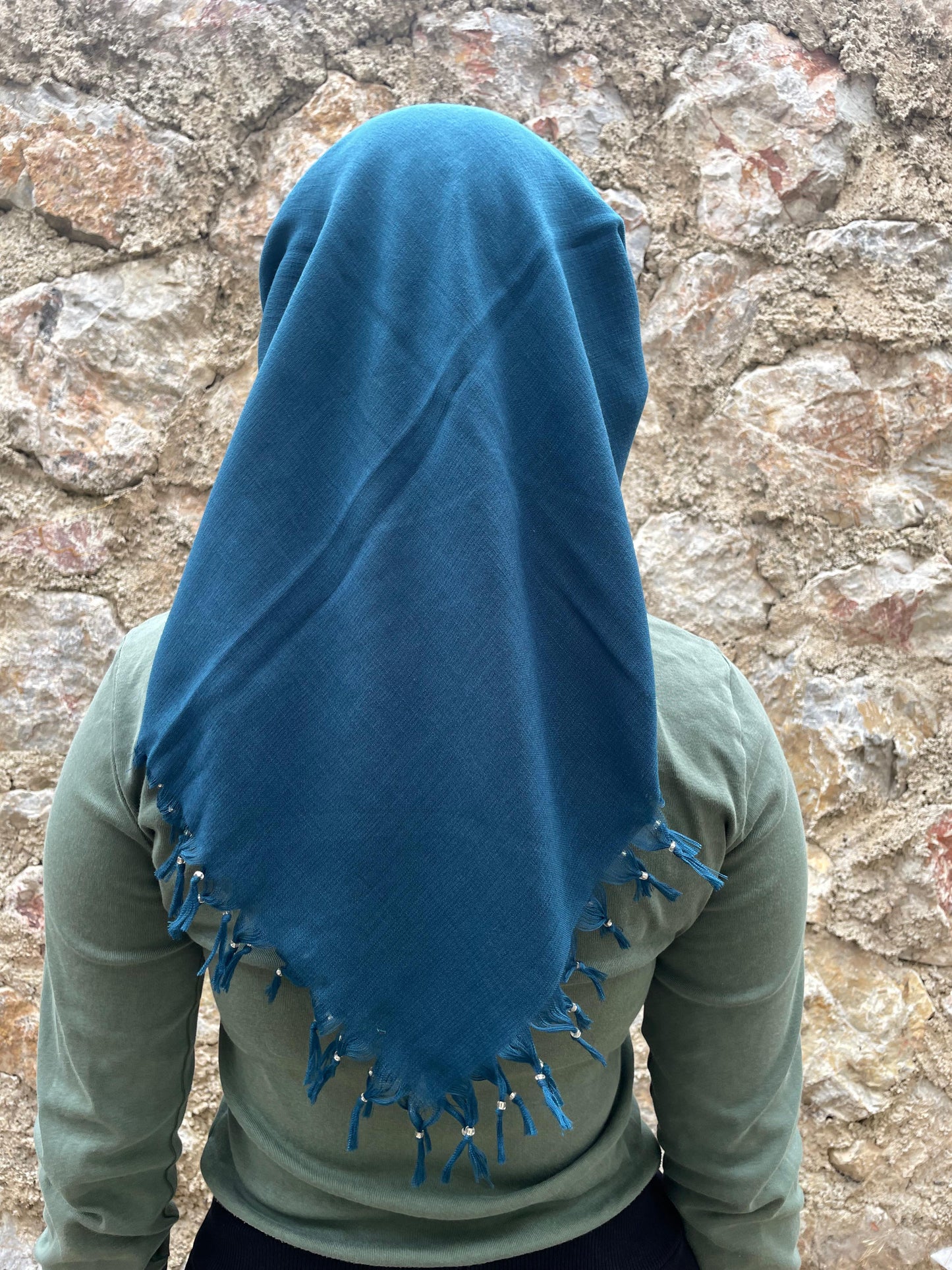 Püsküllü Pamuklu Yazma - Petrol Mavisi