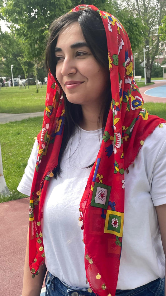 Çengelköy Desen Pullu Yöresel Yazma - Kırmızı