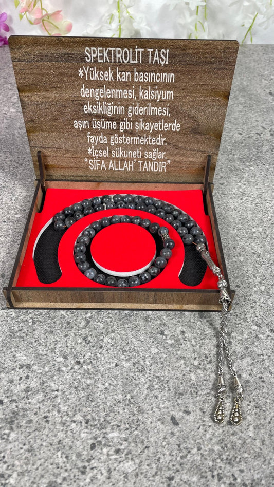 Spektrolit Taşı Taşı Tesbih & Bileklik Seti - Şık Ahşap Kutulu