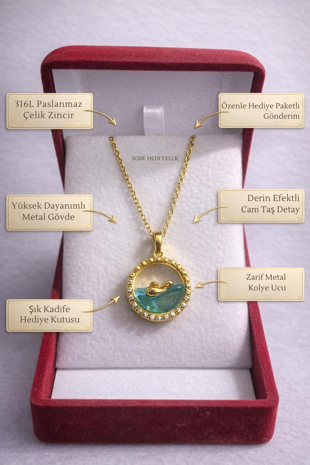 Paslanmaz Çelik Zirkon Çerçeveli Kolye – Kadife Hediye Kutulu