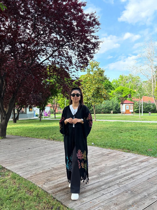 Siyah Mercan Desenli Kaftan Kimono