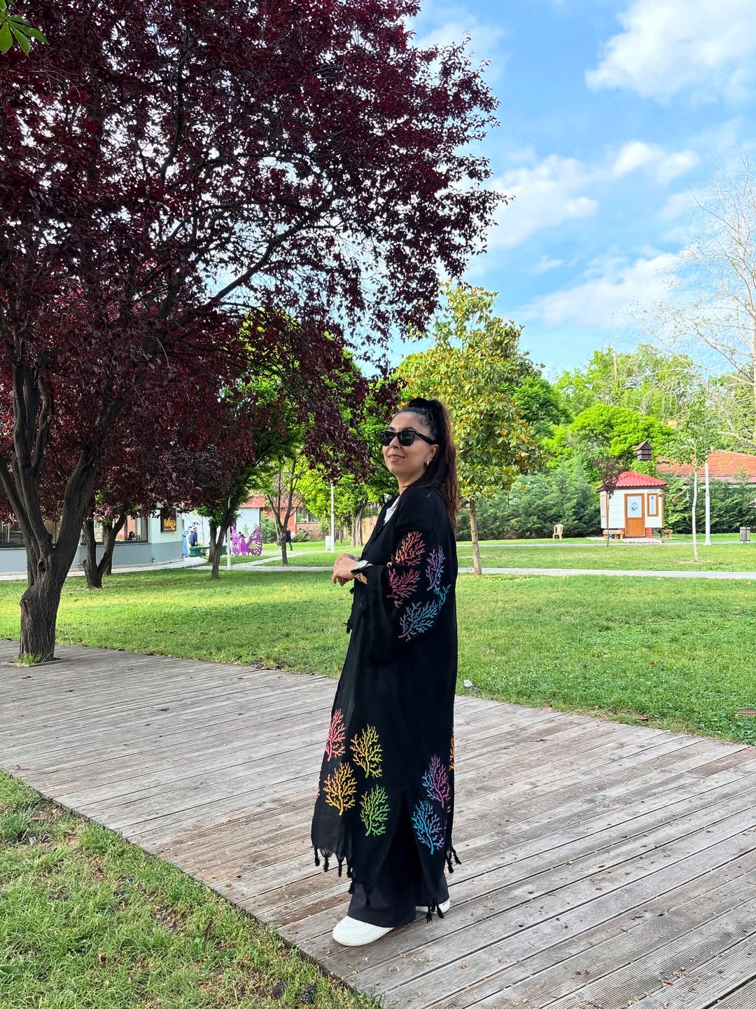 Siyah Mercan Desenli Kaftan Kimono