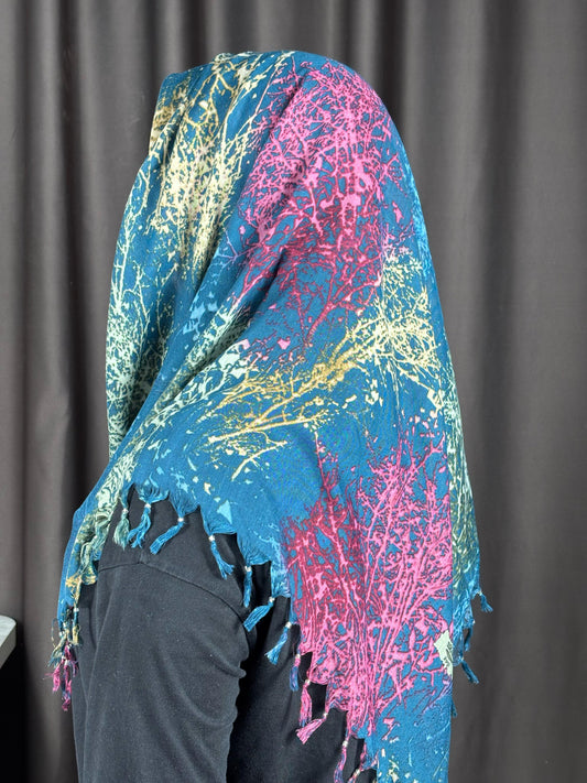 Turkuaz Mercan Desenli Püsküllü Pamuklu Yazma