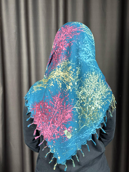 Turkuaz Mercan Desenli Püsküllü Pamuklu Yazma