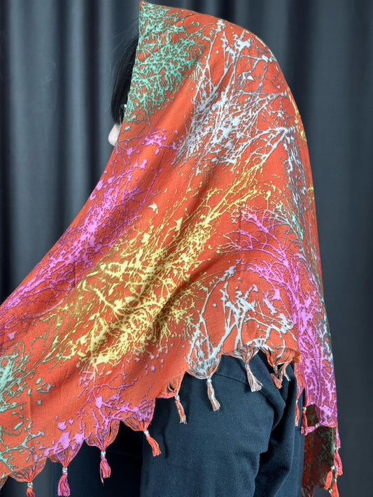 Turuncu Mercan Desenli Püsküllü Pamuklu Yazma