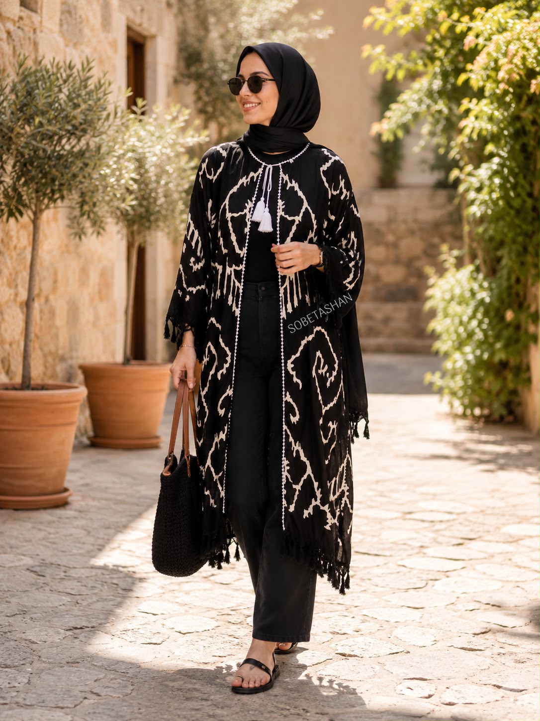Etnik Desenli Siyah Kimono