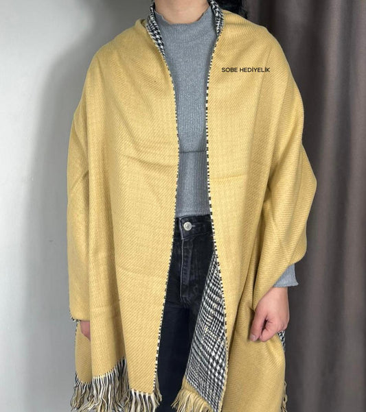 Kışlık Yünlü Çift Taraflı Ekose Şal - Sarı
