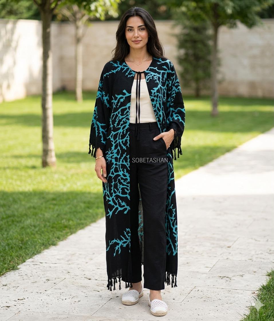 Siyah Turkuaz Desenli Kaftan Kimono