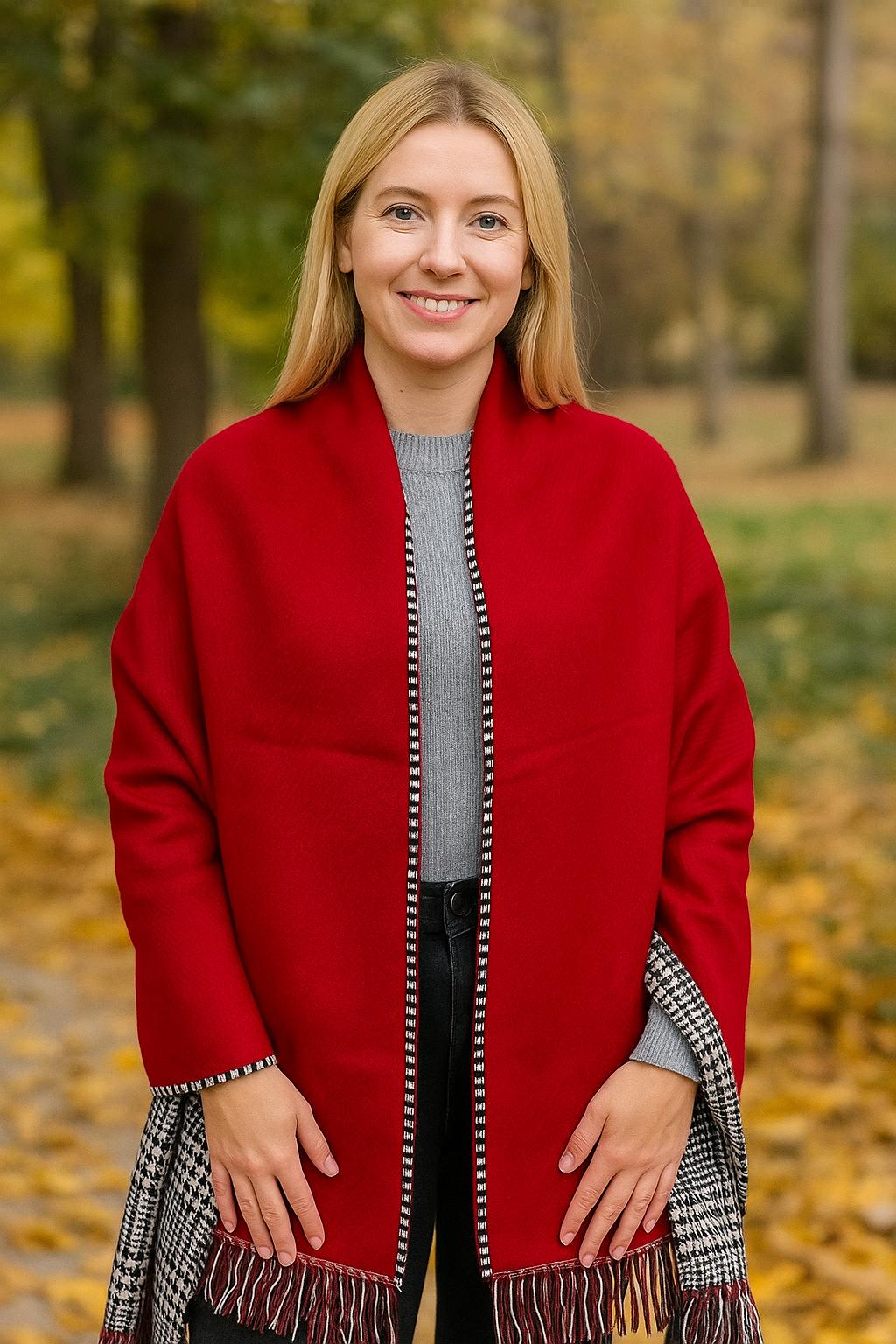 Kışlık Yünlü Çift Taraflı Ekose Şal - Kırmızı