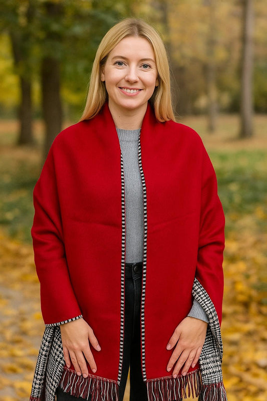 Kışlık Yünlü Çift Taraflı Ekose Şal - Kırmızı