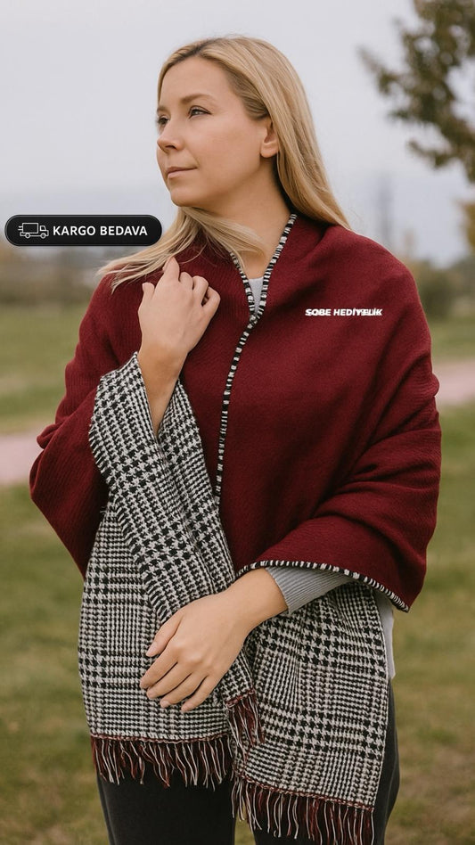 Kışlık Yünlü Çift Taraflı Ekose Şal - Bordo