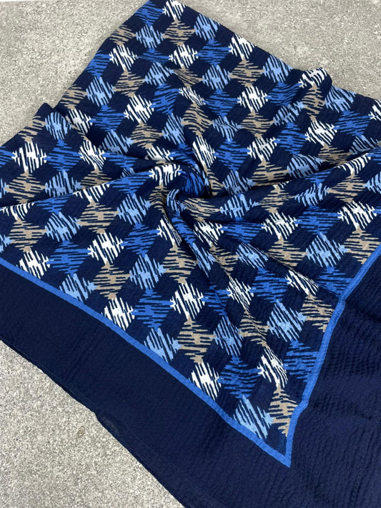 Kraş Dokulu Lacivert Mavi Geometrik Desenli Yazma