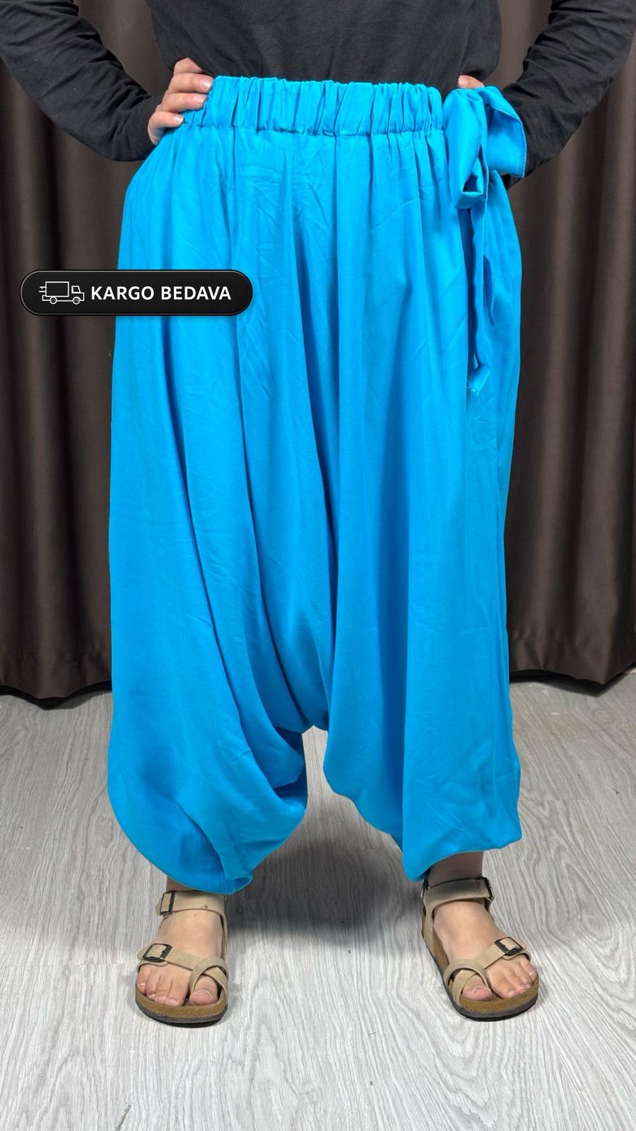 Turkuaz Bağlamalı Salaş Şalvar – Rahat Kesim Yazlık Pantolon