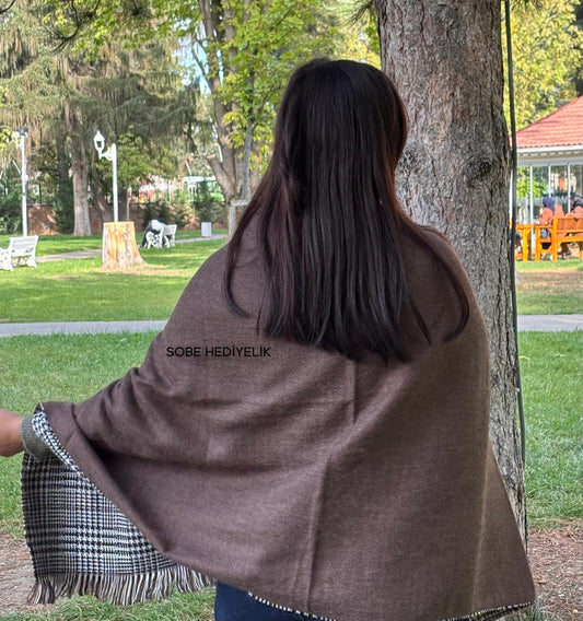 Kışlık Yünlü Çift Taraflı Ekose Şal - Kahverengi