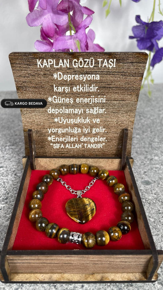Kaplan Gözü Doğal Taş Kolye & Bileklik Seti – Özel Ahşap Kutulu