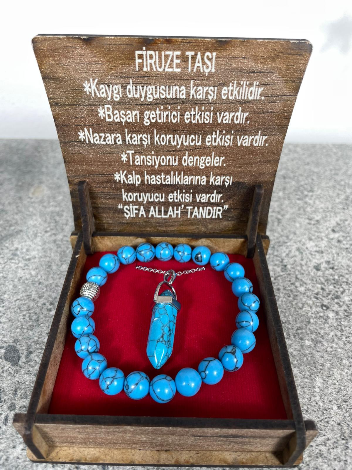 Firuze Taşı Kolye & Bileklik Seti – Özel Ahşap Kutulu