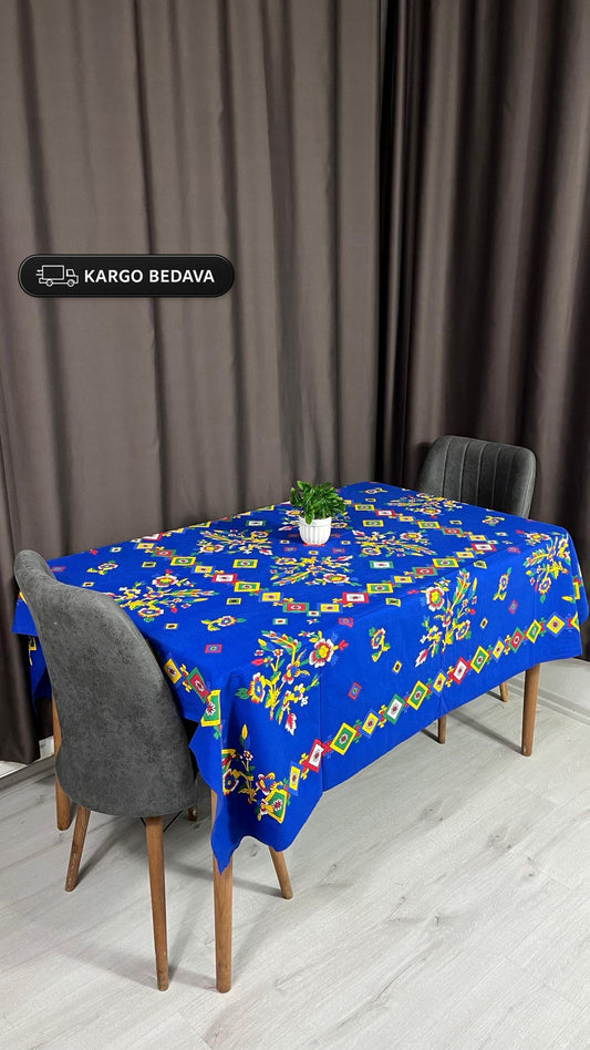 Yöresel Çiçek Desenli 170x170 Kare Masa Örtüsü - Mavi